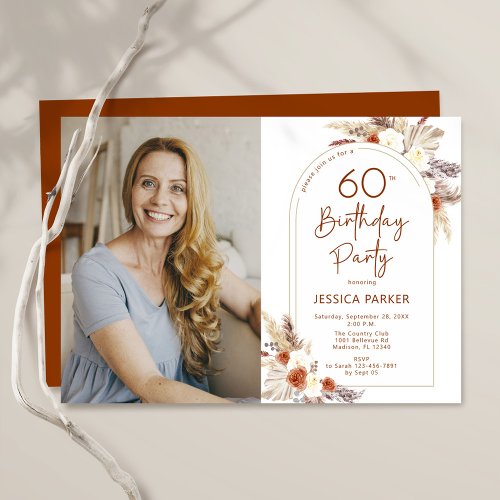 Pampas Grass Boho Terracotta Photo 60th Birthday Invitation