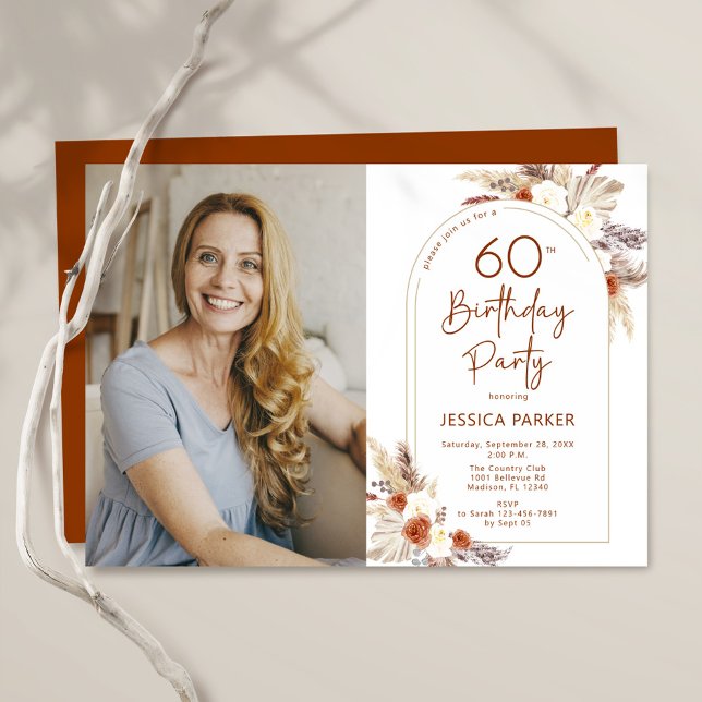 Pampas Grass Boho Terracotta Photo 60th Birthday Invitation (Creator Uploaded)