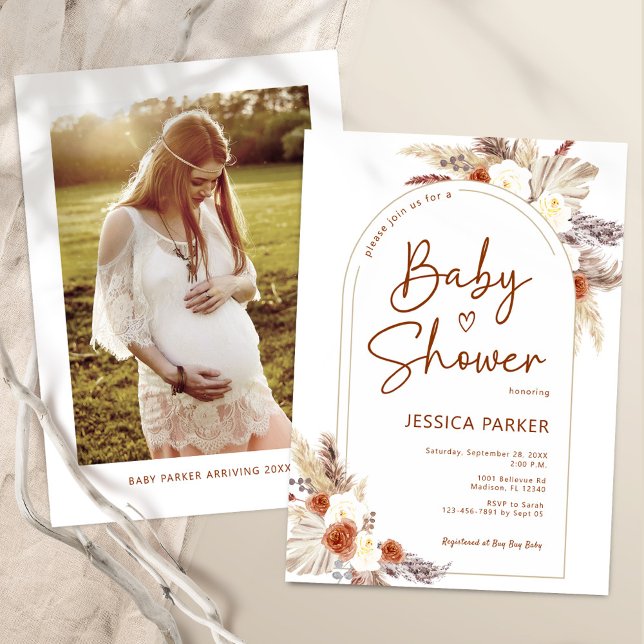 Pampas Grass Boho Terracotta Photo Baby Shower Invitation (Creator Uploaded)