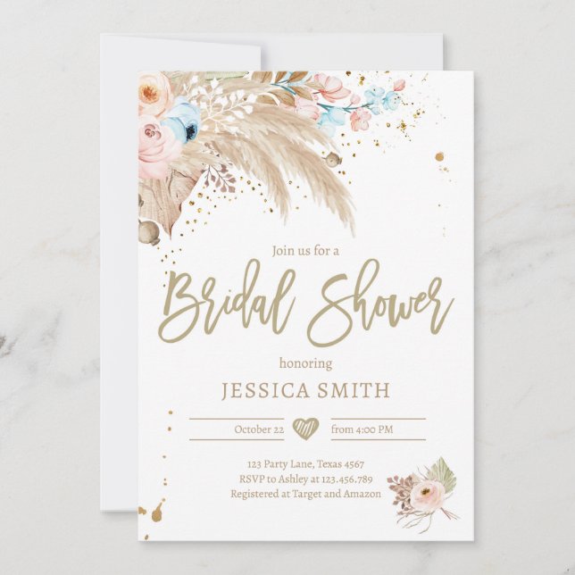 Pampas Grass Boho Tropical Rustic Bridal Shower In Invitation (Front)
