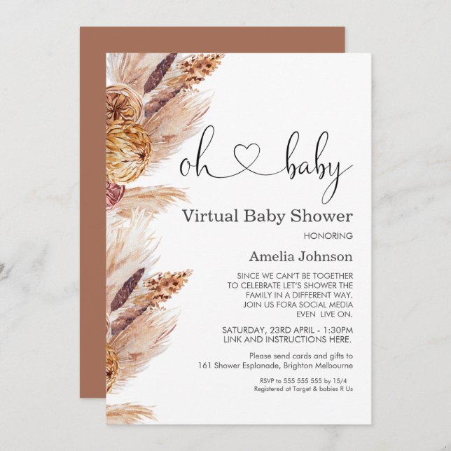 Pampas Grass Boho Virtual Baby Shower Invitation (Front/Back)