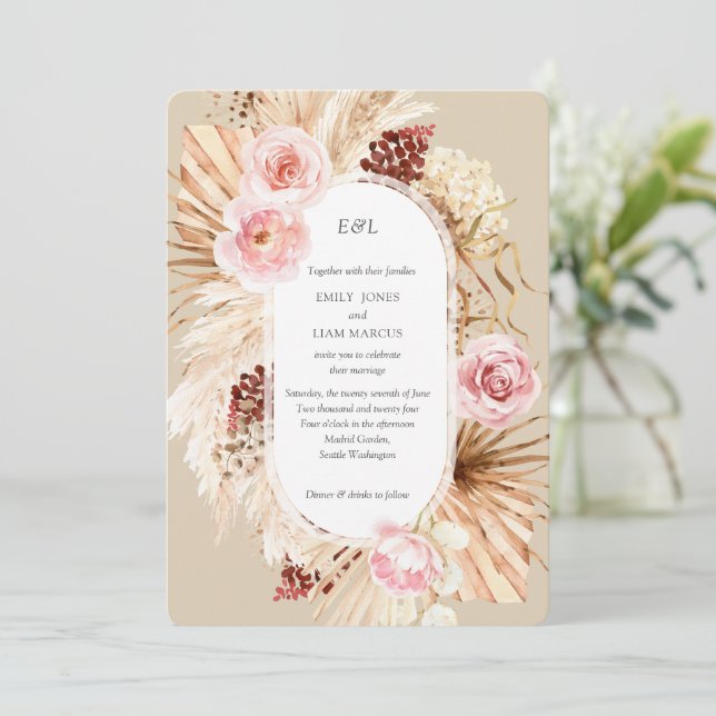Pampas Grass Boho watercolor Beige Wedding Invitation (Standing Front)
