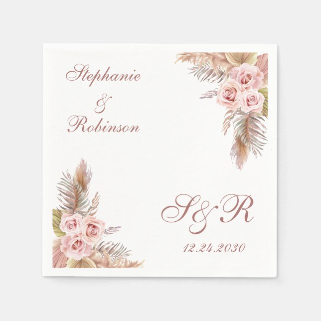 Pampas Grass Boho Wedding Cocktail Paper Napkins (Front)