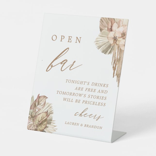 Pampas Grass Boho Wedding Open Bar Sign (Front)