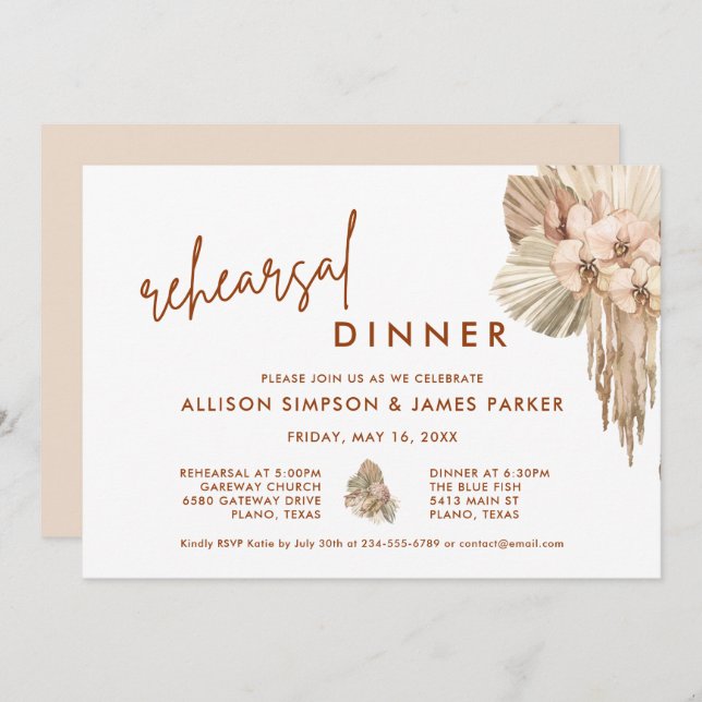 Pampas Grass Boho Wedding Rehearsal Dinner Invitation (Front/Back)