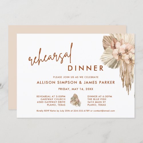 Pampas Grass Boho Wedding Rehearsal Dinner Invitation