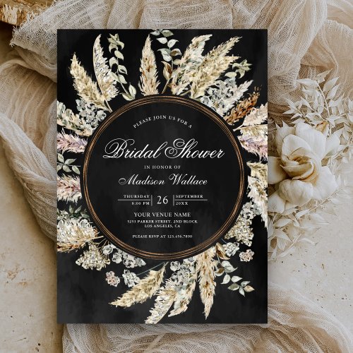 Pampas Grass Boho Wreath Black Bridal Shower Invitation