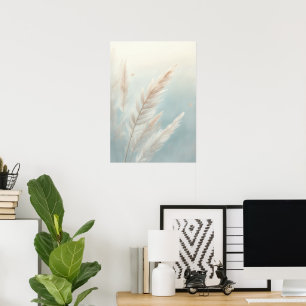 Pampas Grass Botanical Art Poster Soft Blue & Cr