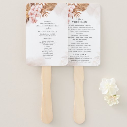 Pampas Grass Botanical Pink Floral Wedding Program Hand Fan