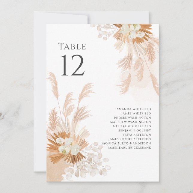 Pampas Grass Botanical Table Number Wedding (Front)