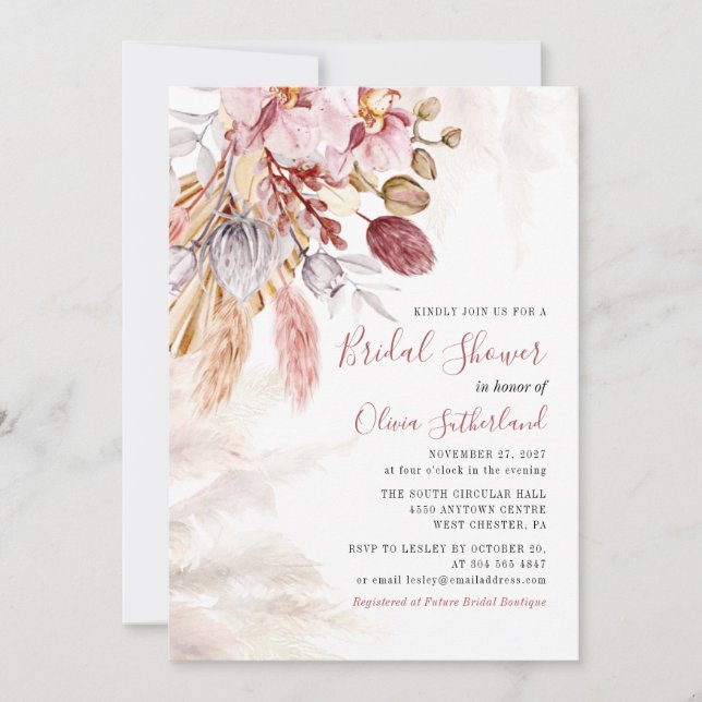 Pampas Grass Botanical Tan Bridal Shower Invitation (Front)