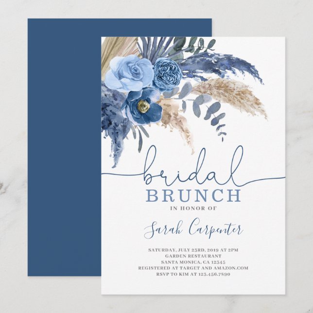 Pampas Grass Bridal Shower blue floral invitation (Front/Back)