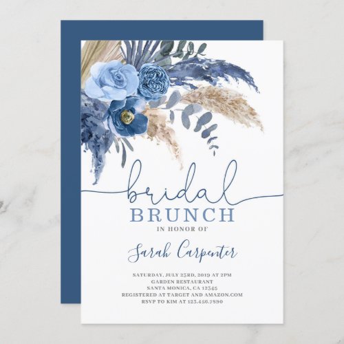 Pampas Grass Bridal Shower blue floral invitation