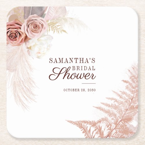 Pampas Grass Bridal Shower Terracotta Floral Square Paper Coaster