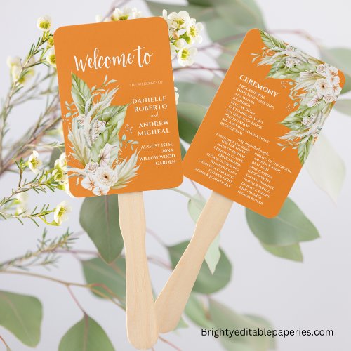 Pampas Grass Bright Terracotta Wedding Program Hand Fan