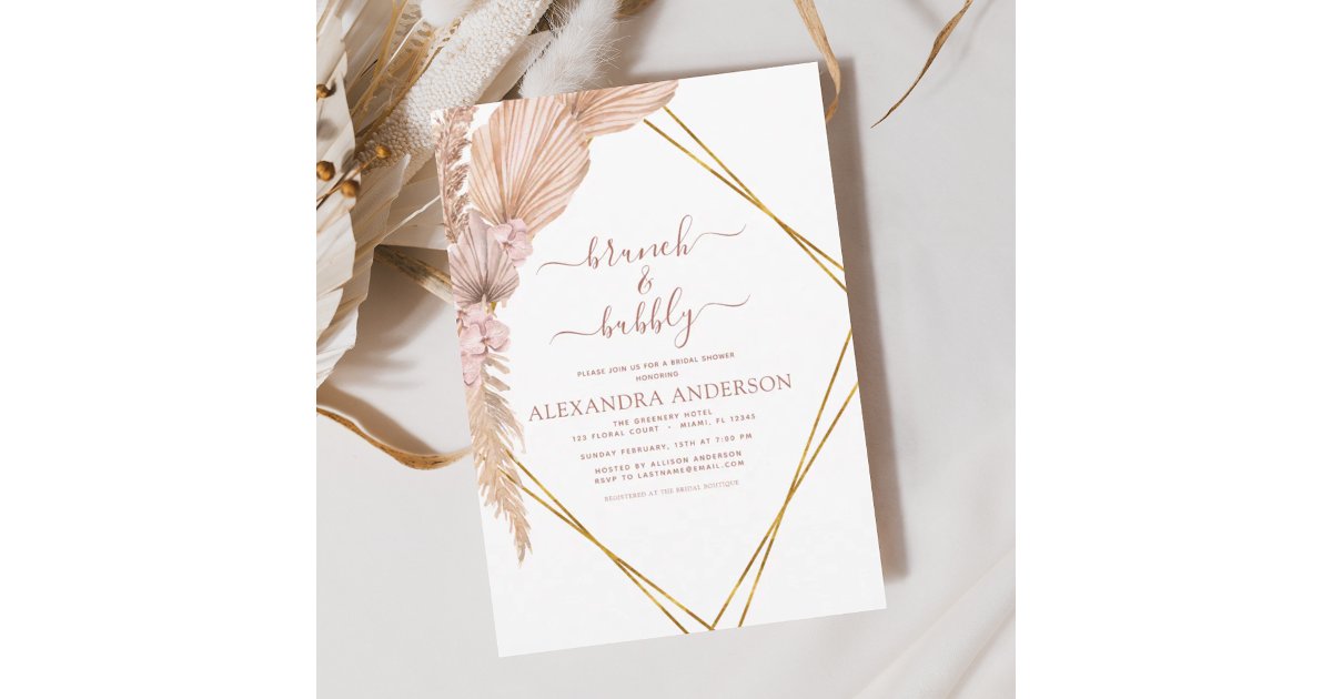 Pampas Grass Brunch Bubbly Boho Bridal Shower Invi Invitation | Zazzle