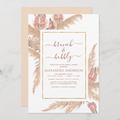 Pampas Grass Brunch Bubbly Boho Bridal Shower Invitation