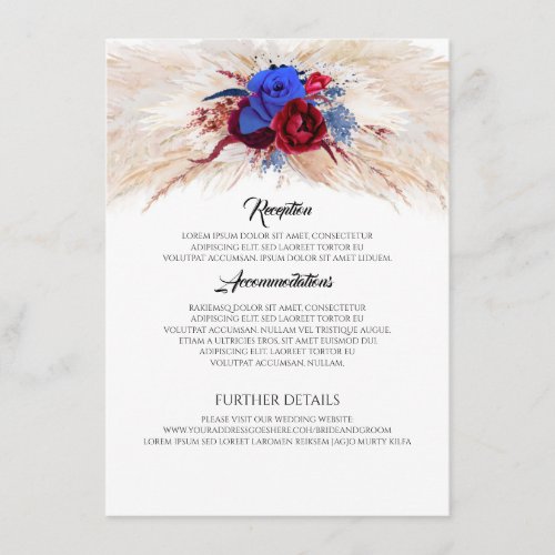 Pampas Grass Burgundy and Navy Wedding Information Enclosure Card