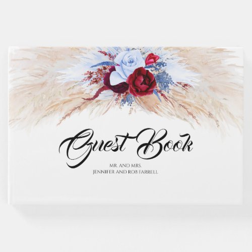 Pampas Grass Burgundy Red and Dusty Blue Wedding Guest Book