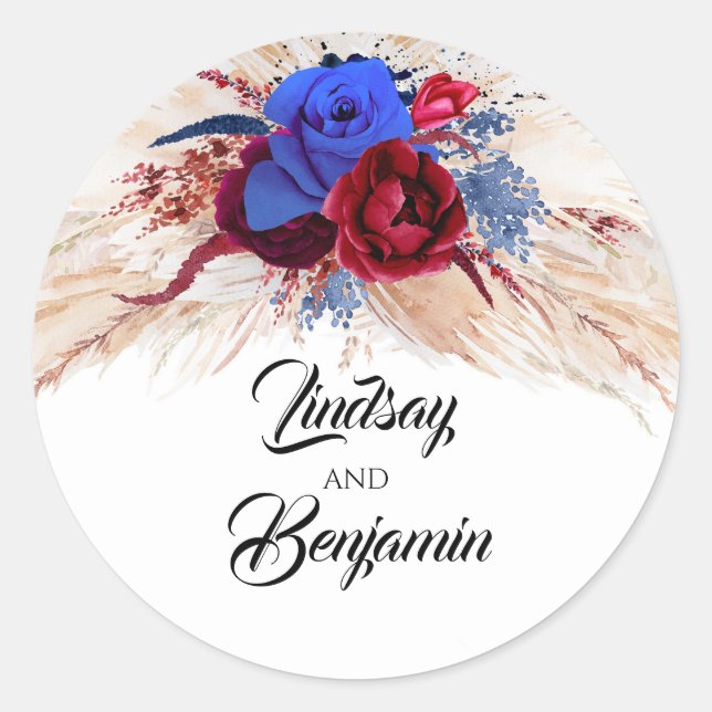 Pampas Grass Burgundy Red and Navy Blue Floral Classic Round Sticker (Front)