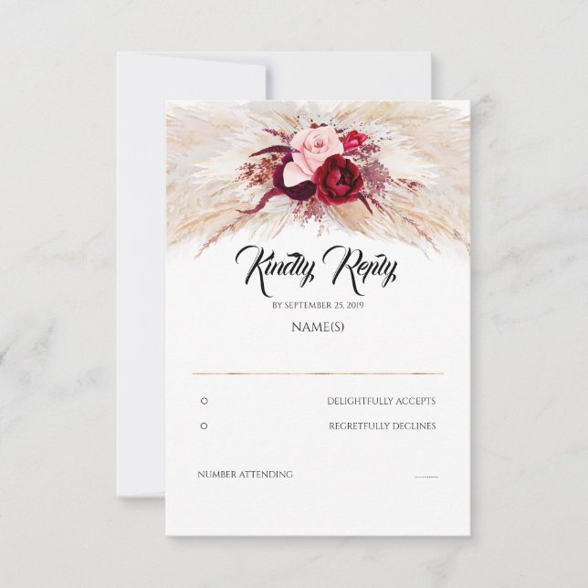 Pampas Grass Burgundy Red Chic Wedding RSVP Card (Front)
