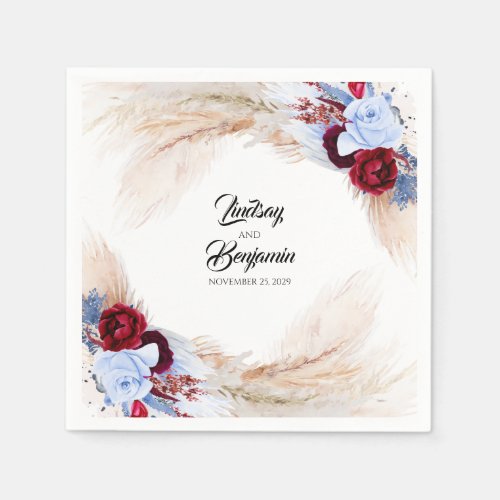 Pampas Grass Burgundy Red Dusty Blue Floral Napkins