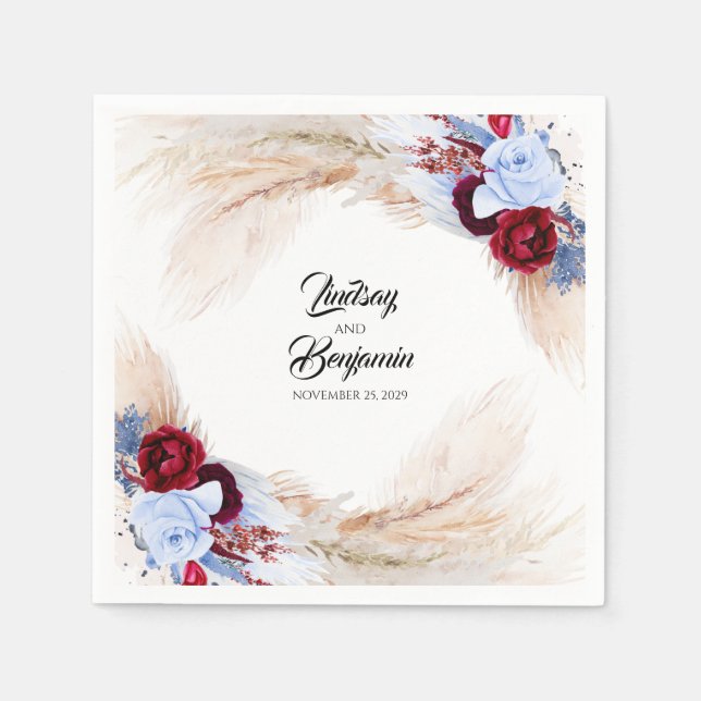 Pampas Grass Burgundy Red Dusty Blue Floral Napkins (Front)