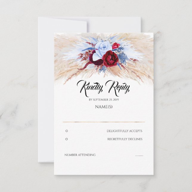 Pampas Grass Burgundy Red Dusty Blue Wedding RSVP (Front)