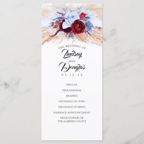 Pampas Grass Burgundy Red Dusty Wedding Programs