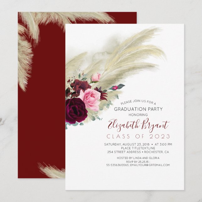 Pampas Grass Burgundy Red Floral Graduation Invitation (Front/Back)