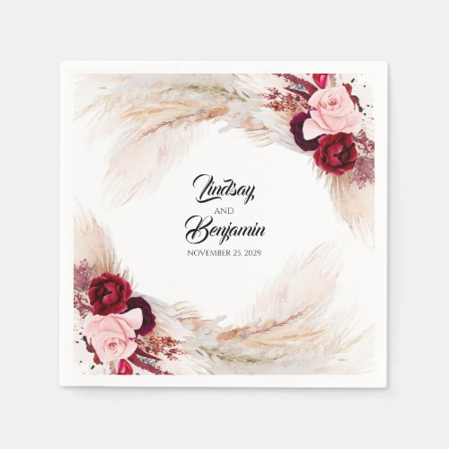 Pampas Grass Burgundy Red Floral Wedding Napkins