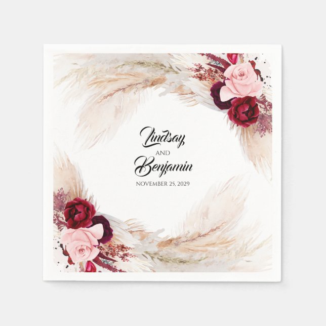 Pampas Grass Burgundy Red Floral Wedding Napkins (Front)