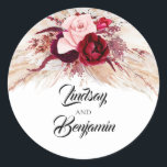 Pampas Grass Burgundy Red Modern Wedding Classic Round Sticker<br><div class="desc">Pampas grass wedding stickers</div>