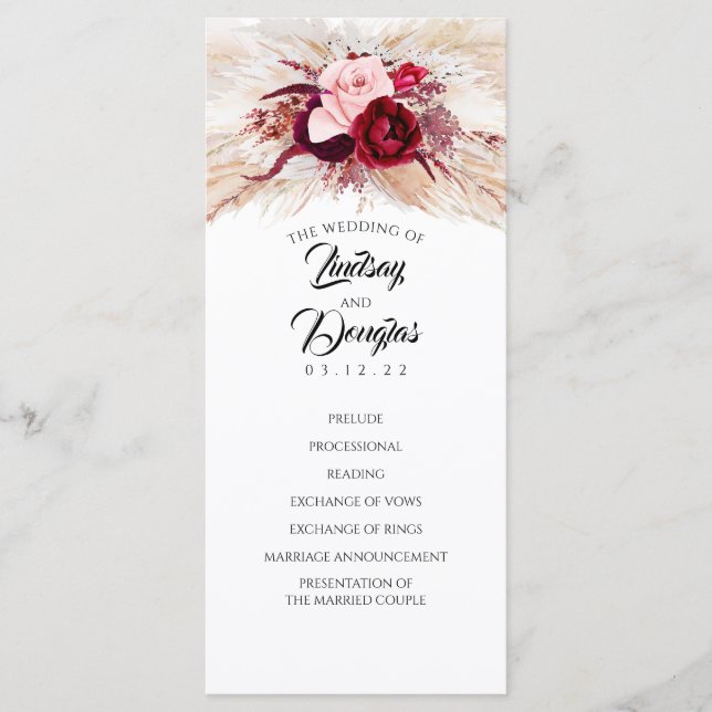 Pampas Grass Burgundy Red Modern Wedding Programs (Front)