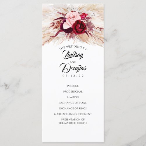 Pampas Grass Burgundy Red Modern Wedding Programs