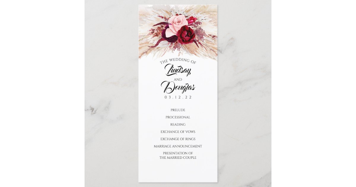 Pampas Grass Burgundy Red Modern Wedding Programs