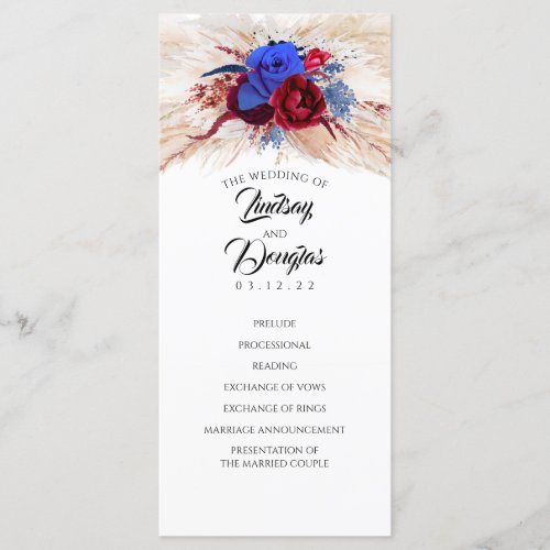 Pampas Grass Burgundy Red Navy Wedding Programs