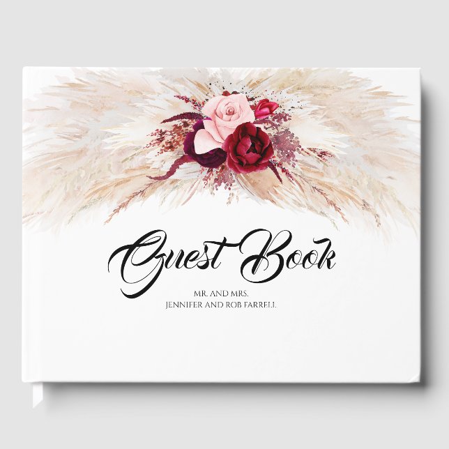 Pampas Grass Burgundy Red Wedding Guest Book (Front)