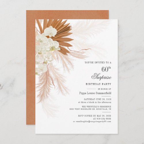 Pampas Grass Burnt Orange 60th Birthday Party Invitation