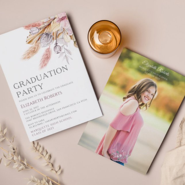 Pampas Grass Chic Boho Floral Graduation Party Invitation (Creator Uploaded)