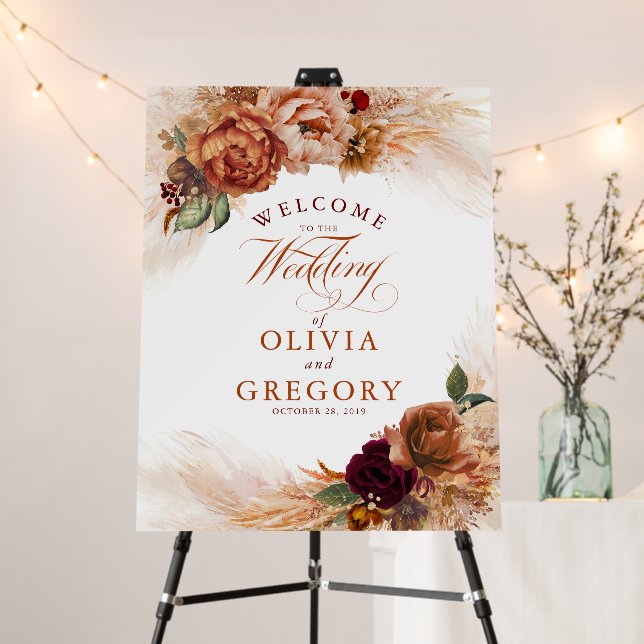 Pampas Grass Copper Rust Floral Wedding Welcome Foam Board (In Situ (Stand))