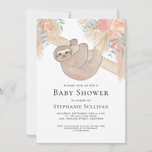 Pampas Grass Cute Sloth Baby Shower Invitation