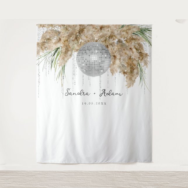 Pampas Grass Disco Ball Wedding Photo Backdrop (Front)