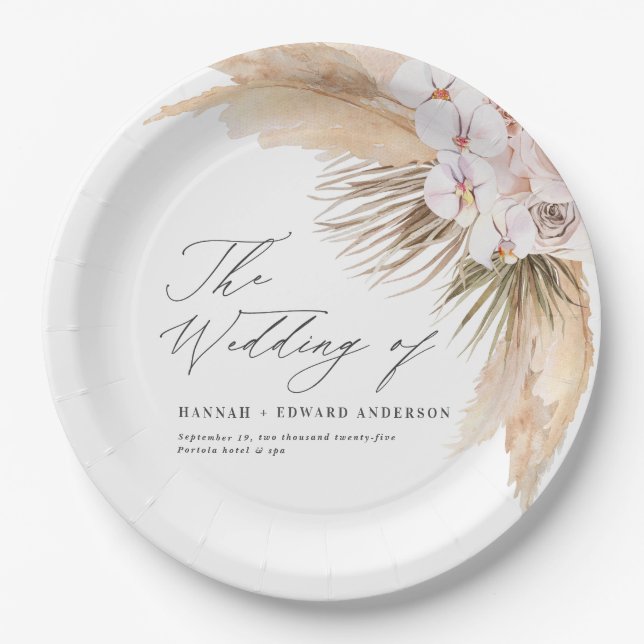 Pampas grass dried botanical script boho wedding paper plates (Front)