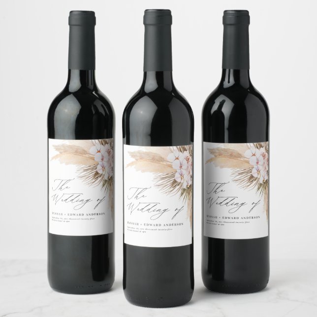 Pampas grass dried botanical script boho wedding wine label (Bottles)