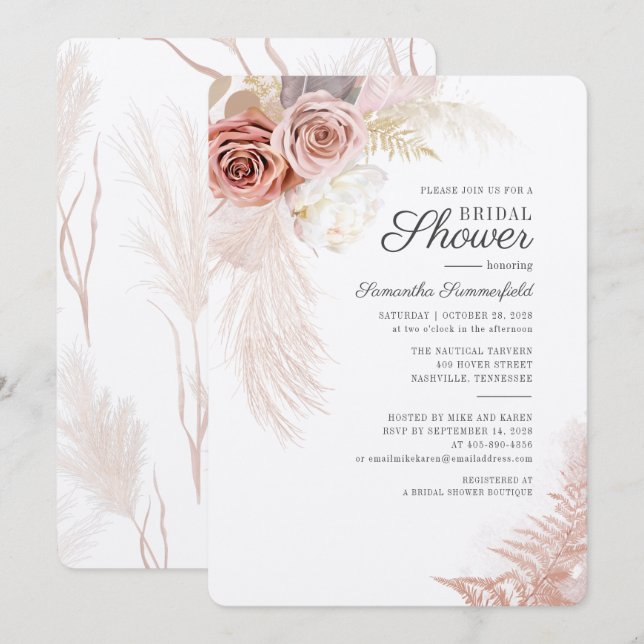 Pampas Grass Dried Floral Terracotta Bridal Shower Invitation (Front/Back)