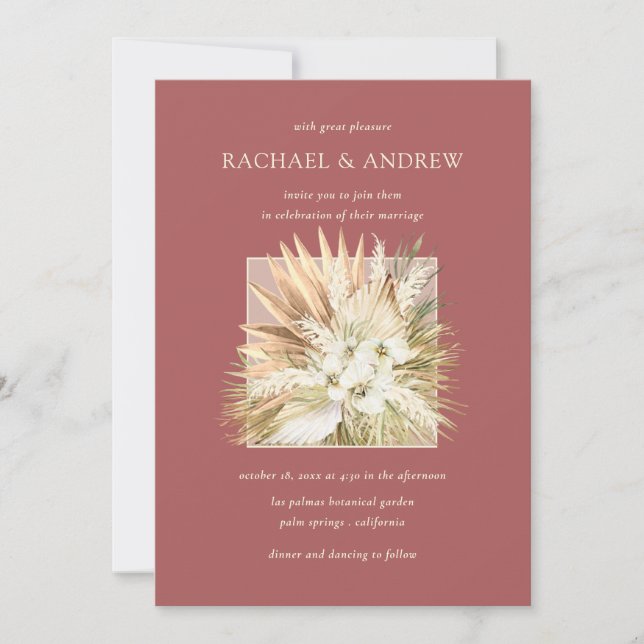 Pampas Grass Dried Flowers Boho Bouquet Wedding Invitation (Front)