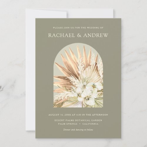 Pampas Grass Dried Flowers Modern Moss Green Arch  Invitation