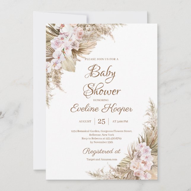 Pampas Grass Dried Palm Blush Rose Orchid Baby  Invitation (Front)