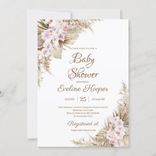 Pampas Grass Dried Palm Blush Rose Orchid Baby  Invitation